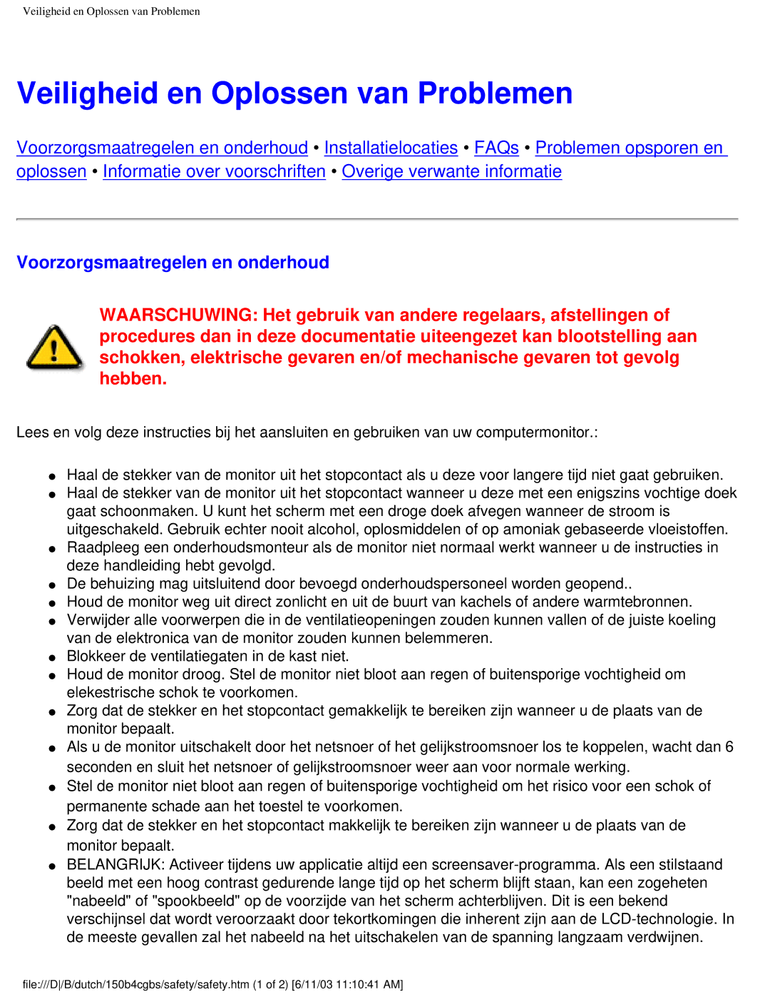 Philips 150S4 user manual Veiligheid en Oplossen van Problemen, Voorzorgsmaatregelen en onderhoud 