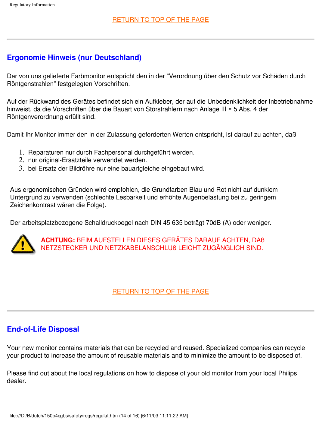 Philips 150S4 user manual Ergonomie Hinweis nur Deutschland, End-of-Life Disposal 