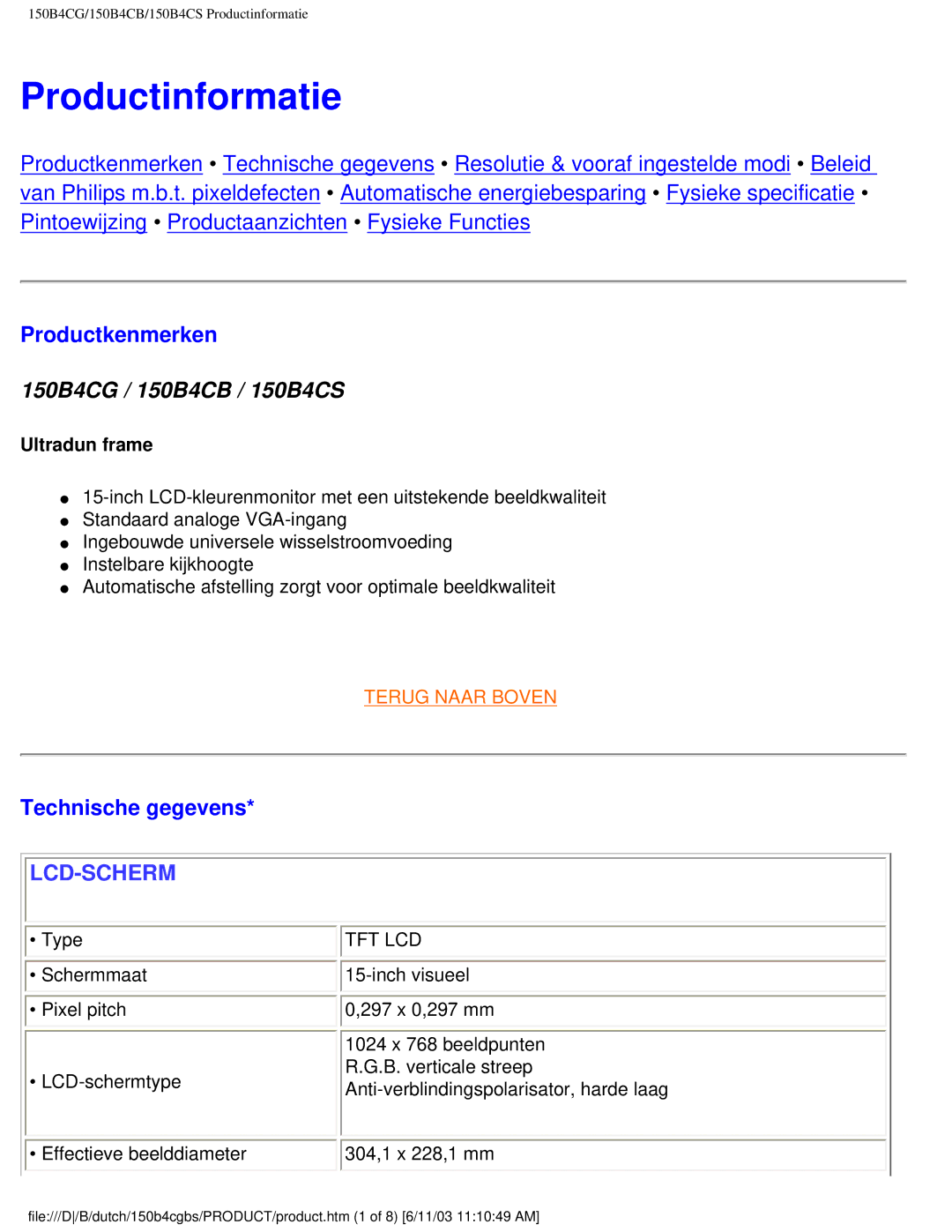 Philips 150S4 user manual Productinformatie, Productkenmerken, Technische gegevens 