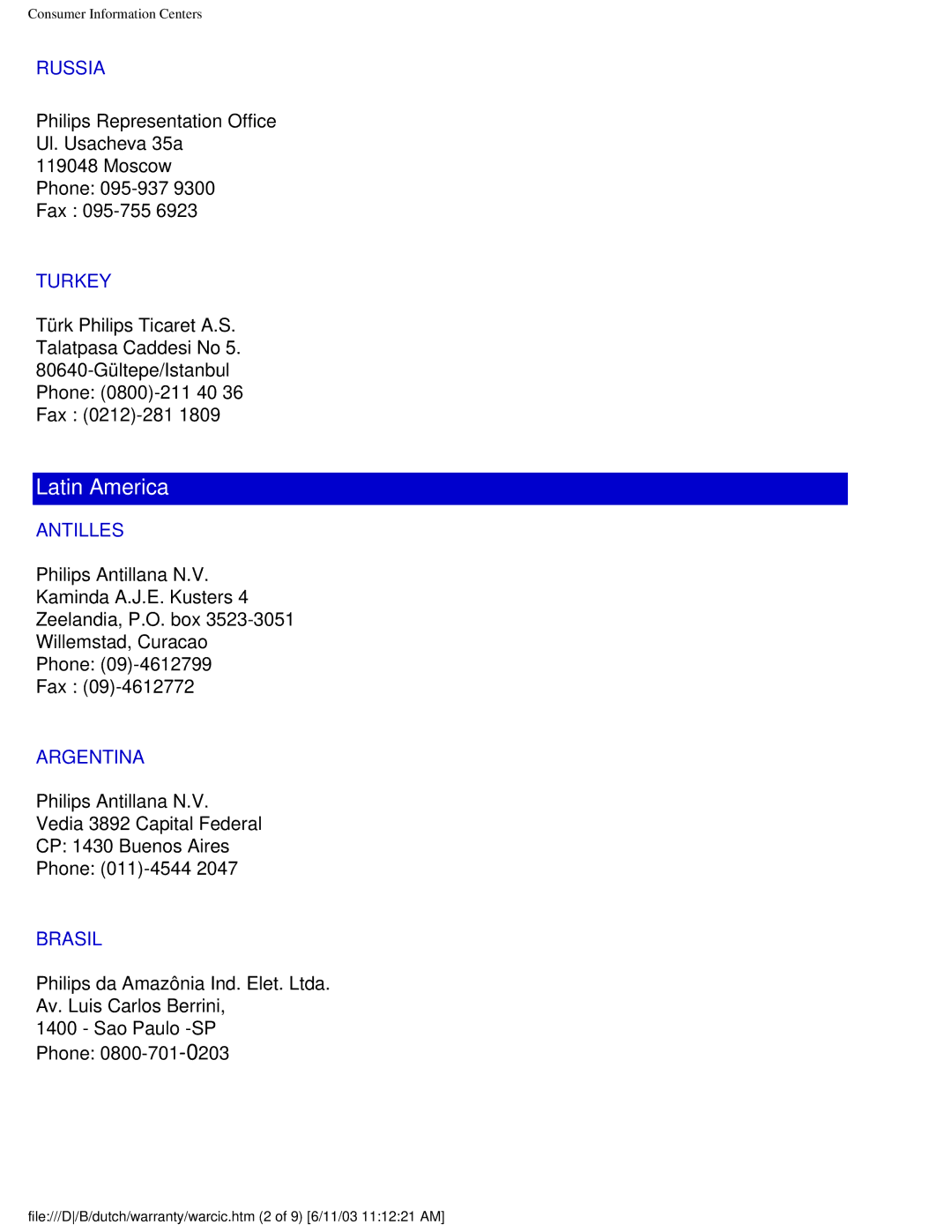 Philips 150S4 user manual Russia, Turkey, Antilles, Argentina, Brasil 