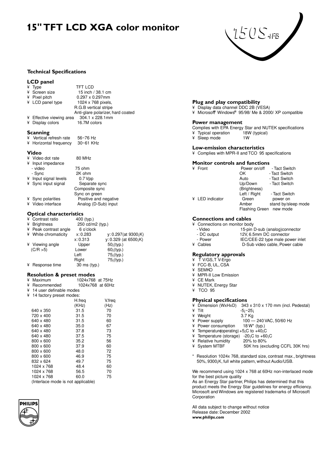 Philips 150S4FB manual Technical Specifications LCD panel, Plug and play compatibility, Power management, Scanning 
