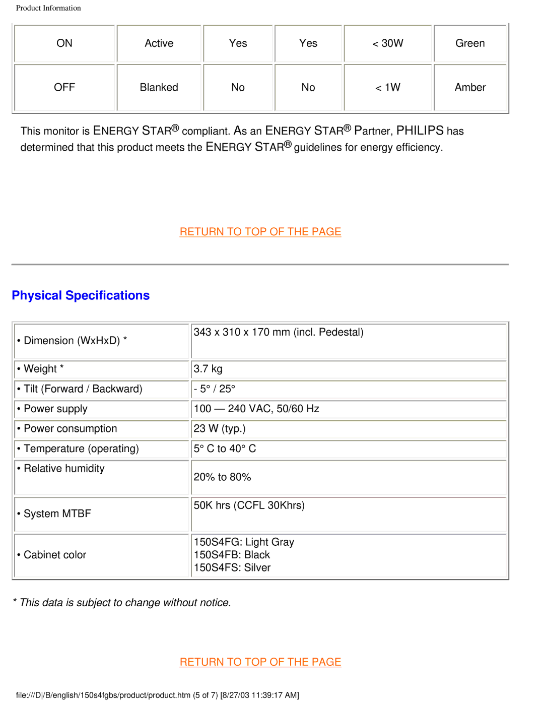 Philips 150S4FG, 150S4FS user manual Physical Specifications, Off 