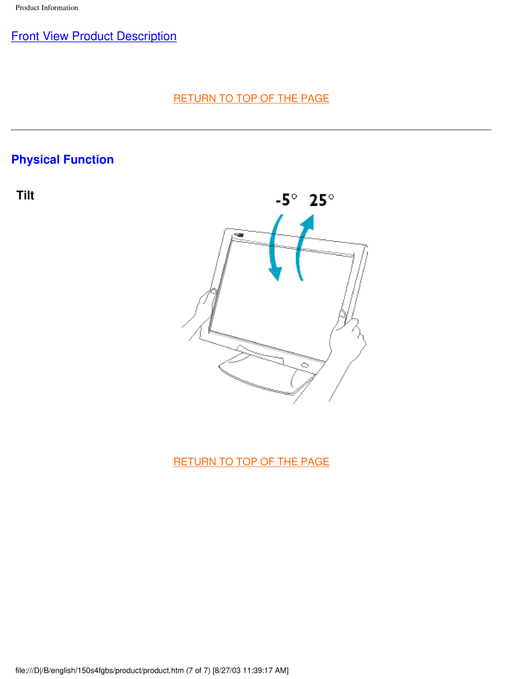 Philips 150S4FG, 150S4FS user manual Physical Function, Tilt 