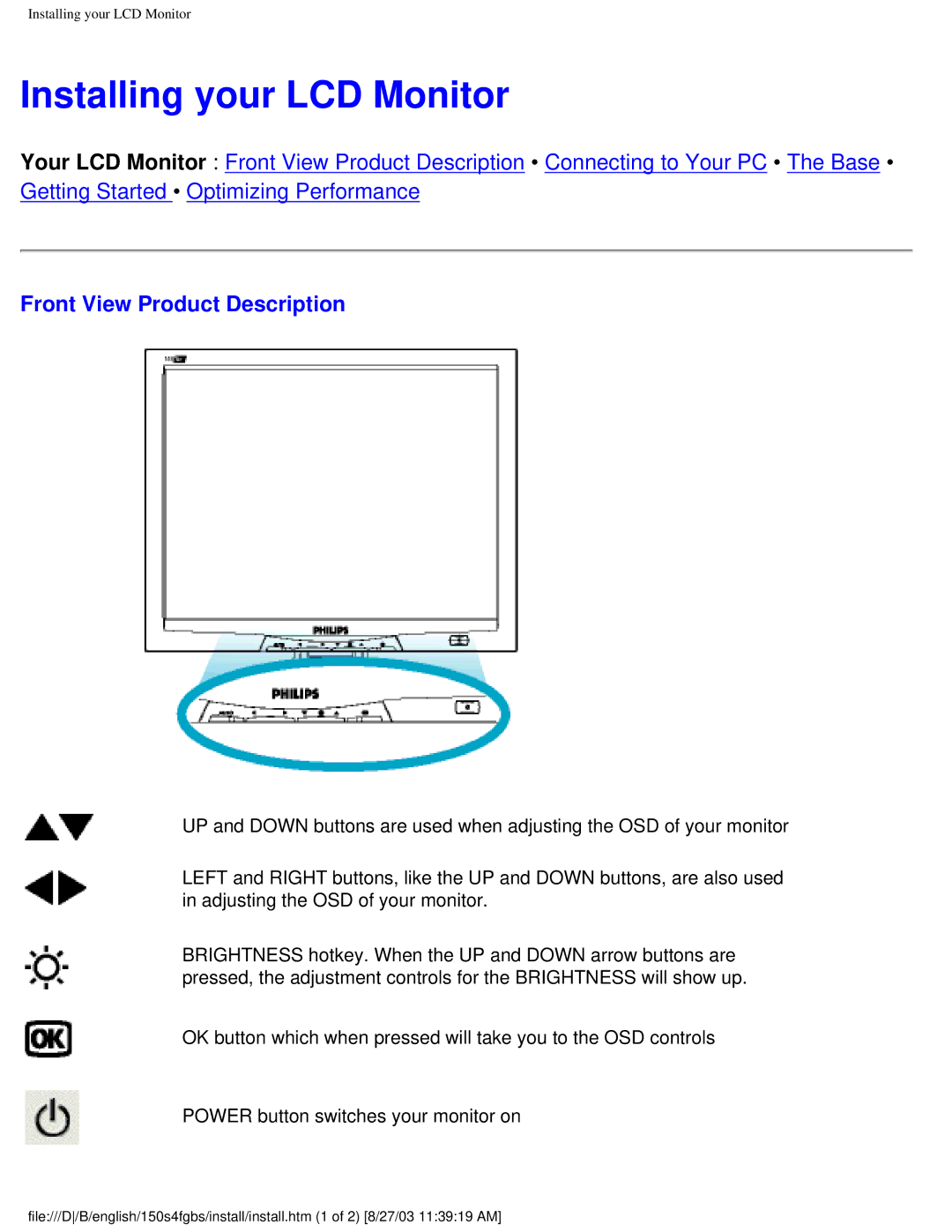 Philips 150S4FS, 150S4FG user manual Installing your LCD Monitor, Front View Product Description 