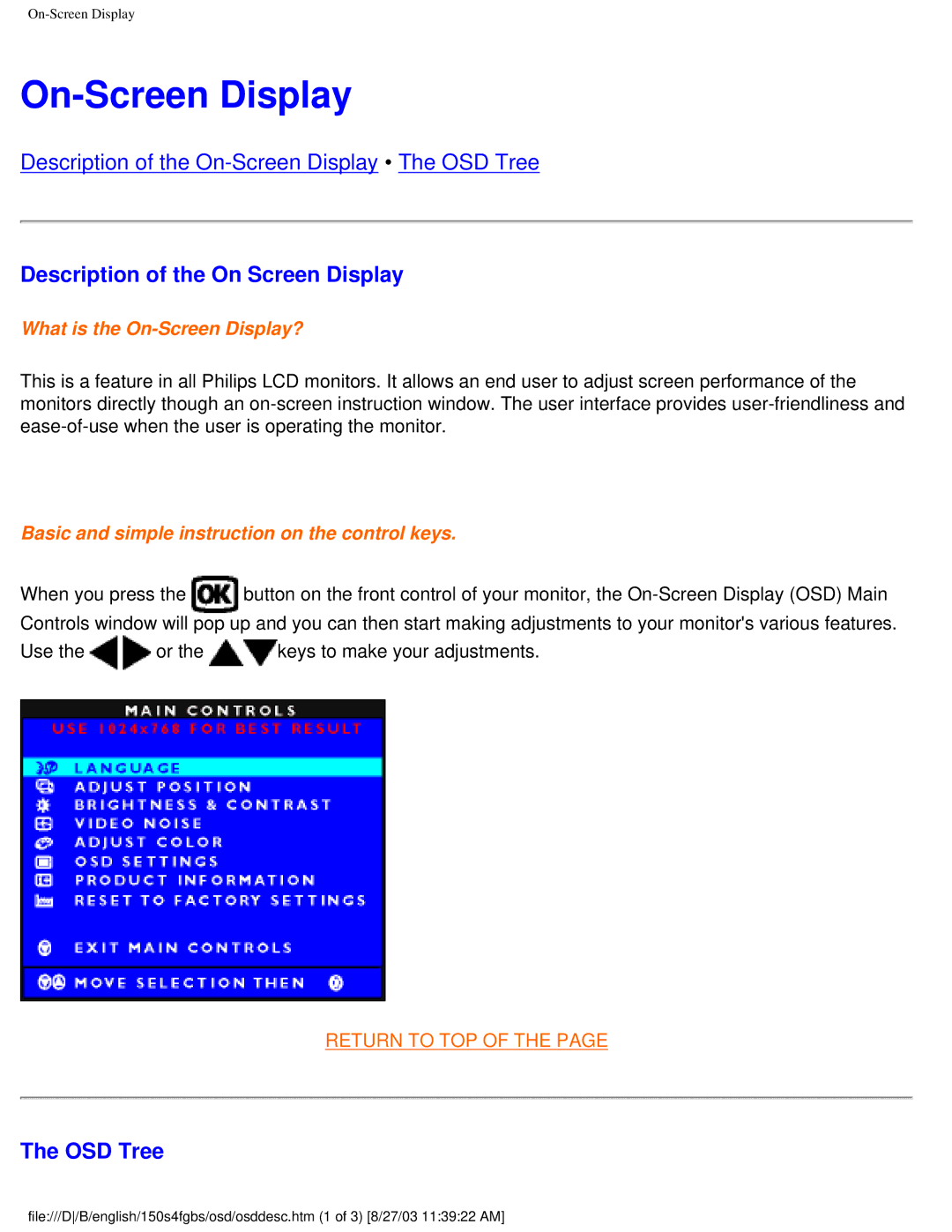 Philips 150S4FS, 150S4FG user manual On-Screen Display, Description of the On Screen Display, OSD Tree 