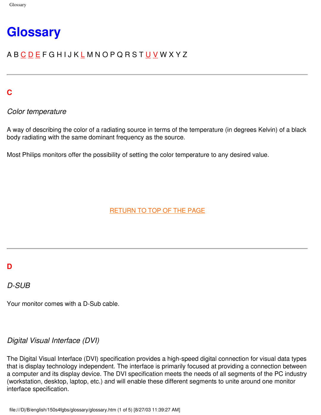 Philips 150S4FS, 150S4FG user manual Glossary, Color temperature 