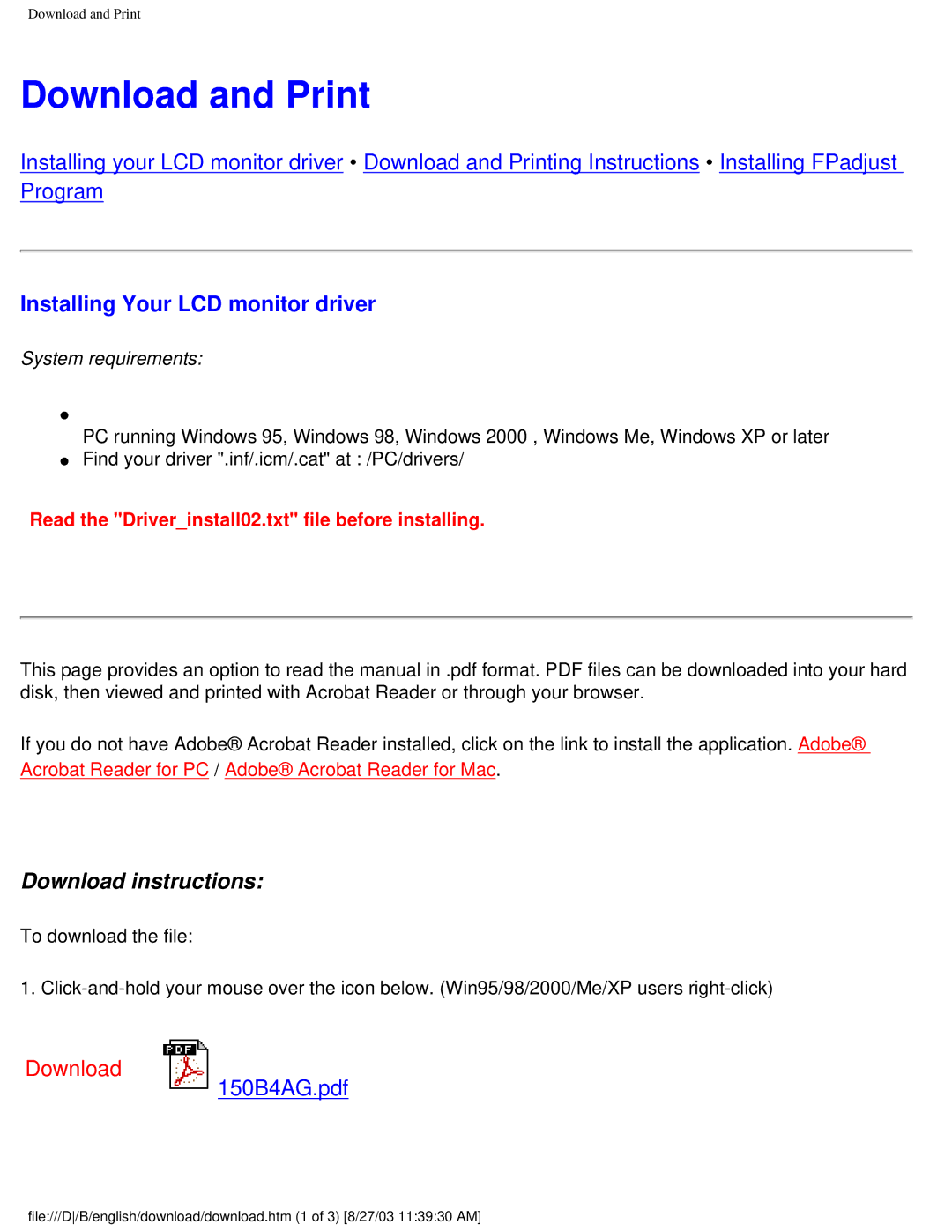 Philips 150S4FG, 150S4FS user manual Download and Print, Installing Your LCD monitor driver 