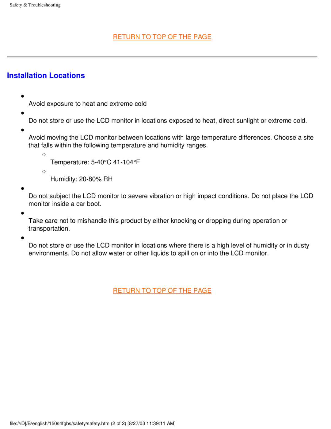 Philips 150S4FS, 150S4FG user manual Installation Locations 