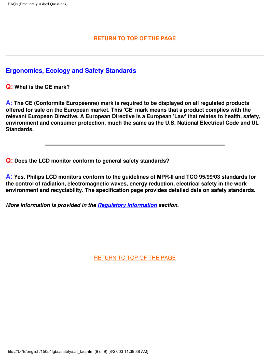 Philips 150S4FS, 150S4FG user manual Ergonomics, Ecology and Safety Standards 