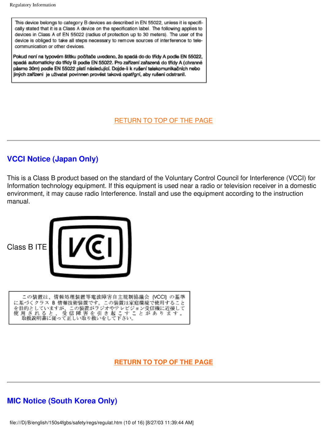 Philips 150S4FG, 150S4FS user manual Vcci Notice Japan Only, Class B ITE, MIC Notice South Korea Only 