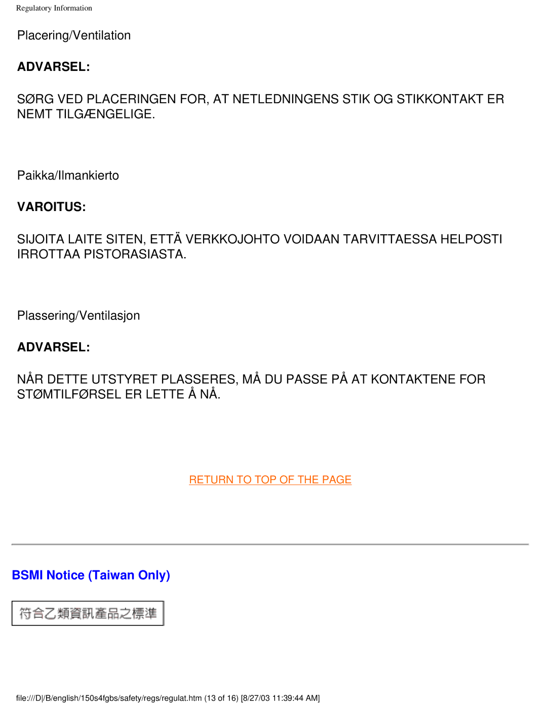 Philips 150S4FS, 150S4FG user manual Paikka/Ilmankierto, Plassering/Ventilasjon, Bsmi Notice Taiwan Only 