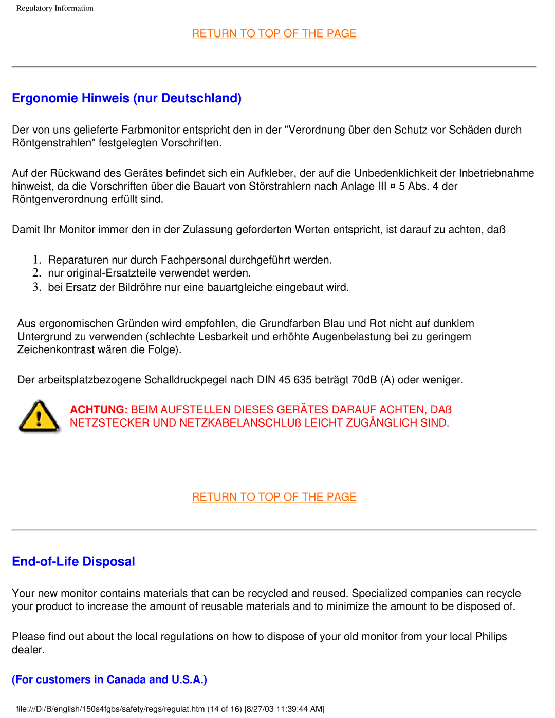 Philips 150S4FG, 150S4FS user manual Ergonomie Hinweis nur Deutschland, End-of-Life Disposal 