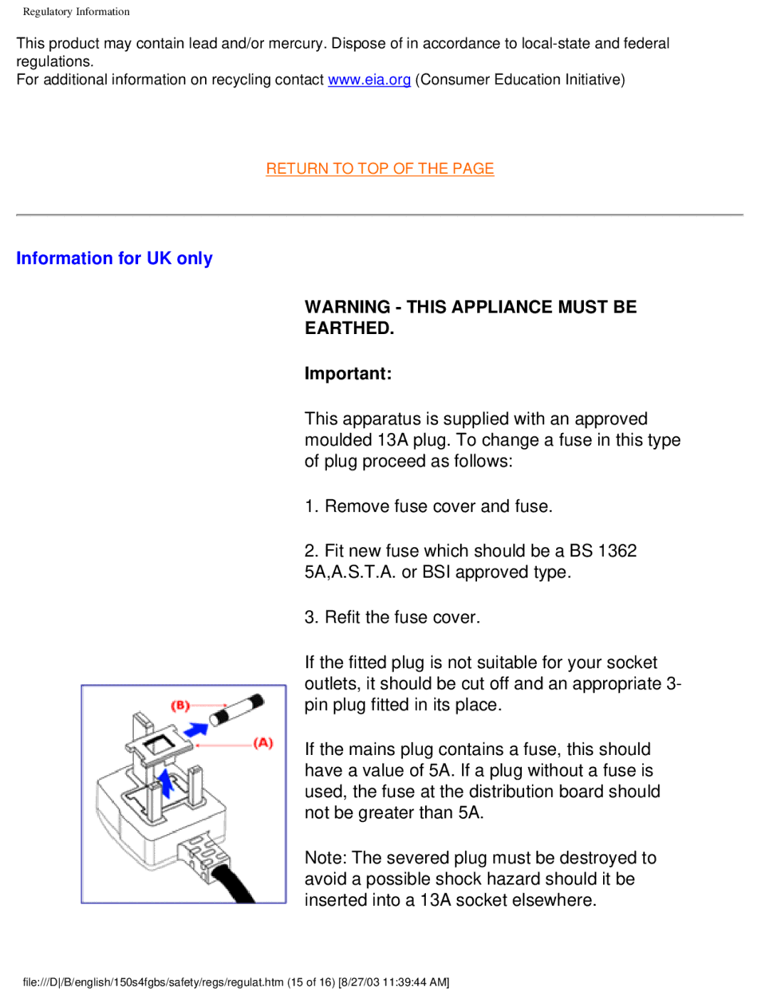 Philips 150S4FS, 150S4FG user manual Information for UK only, Earthed 