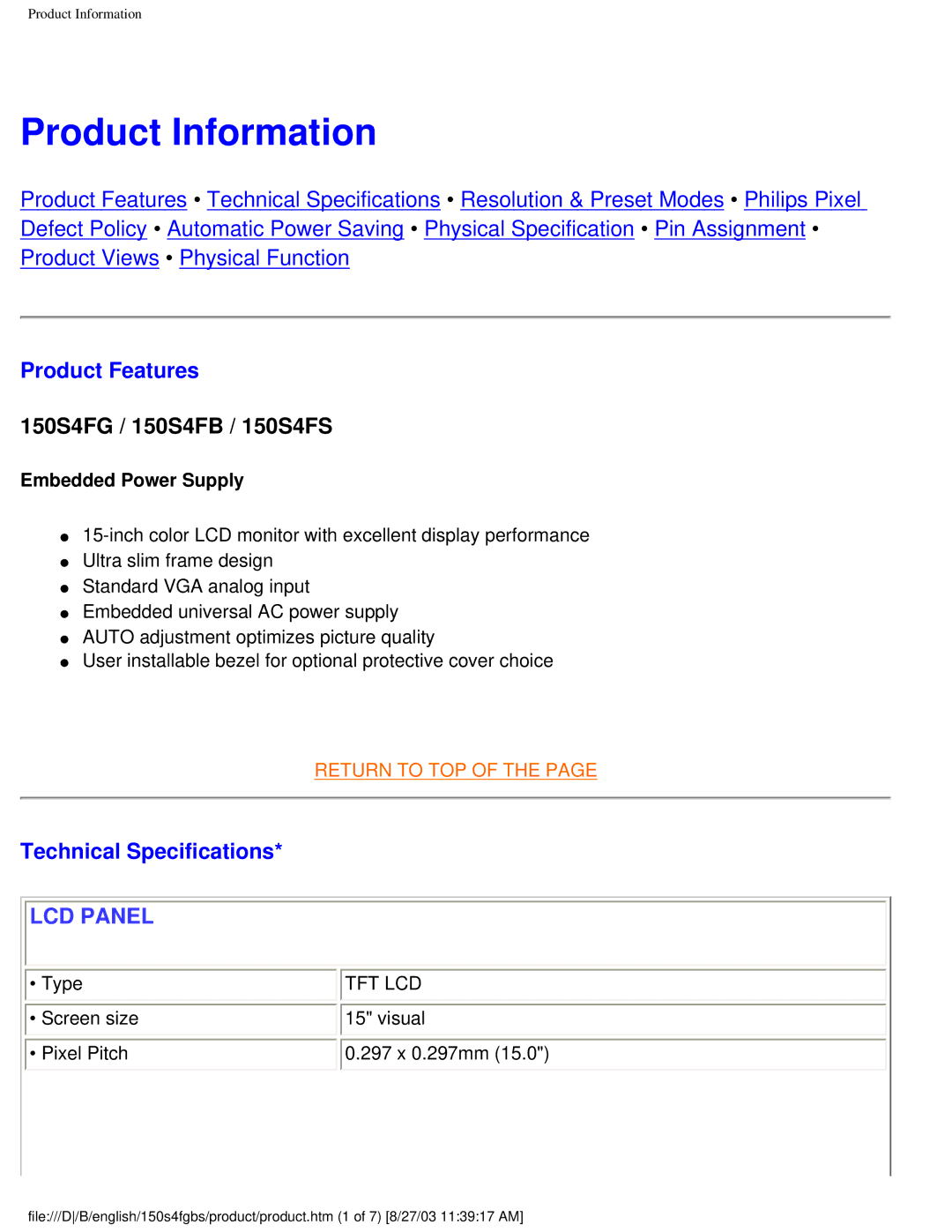 Philips 150S4FG, 150S4FS user manual Product Information, Product Features, Technical Specifications 