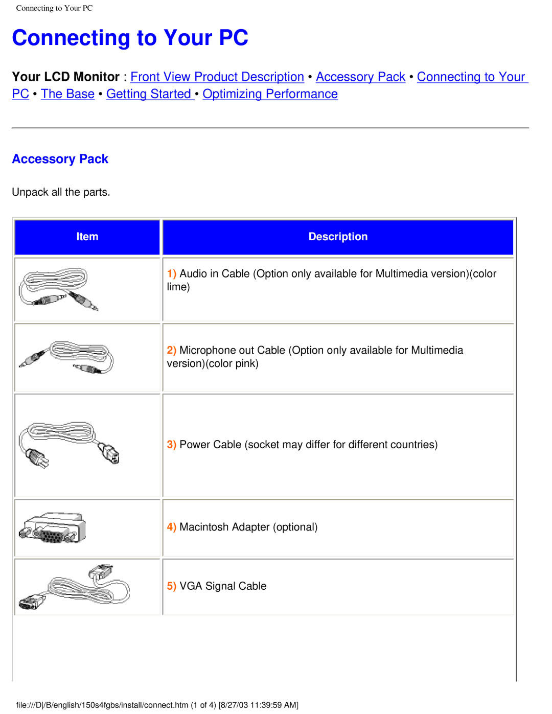 Philips 150S4FG, 150S4FS user manual Connecting to Your PC, Accessory Pack 