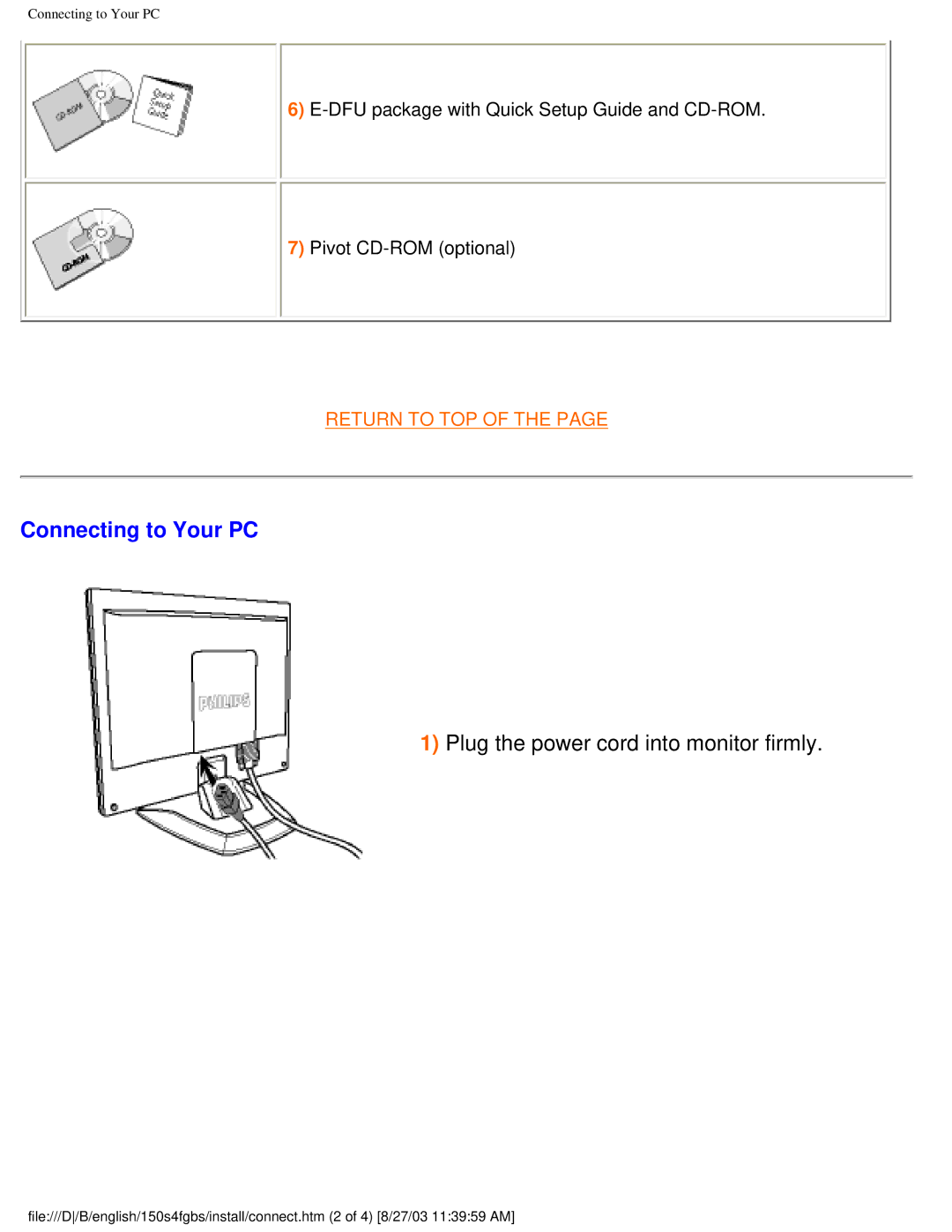 Philips 150S4FS, 150S4FG user manual Connecting to Your PC, Plug the power cord into monitor firmly 