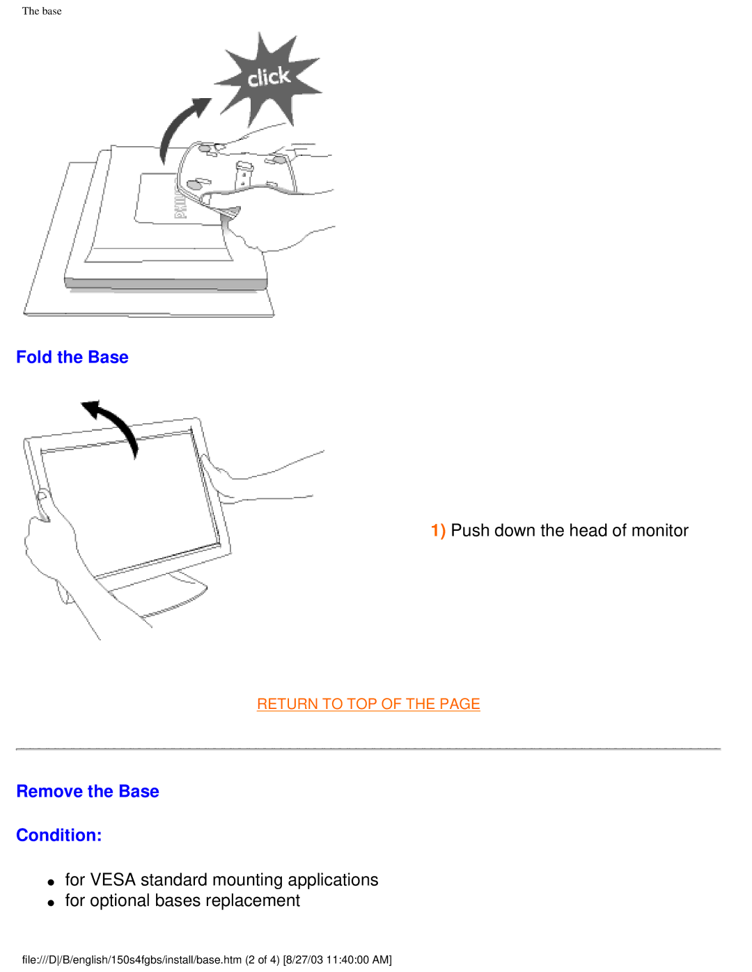 Philips 150S4FS, 150S4FG user manual Fold the Base, Push down the head of monitor, Remove the Base Condition 