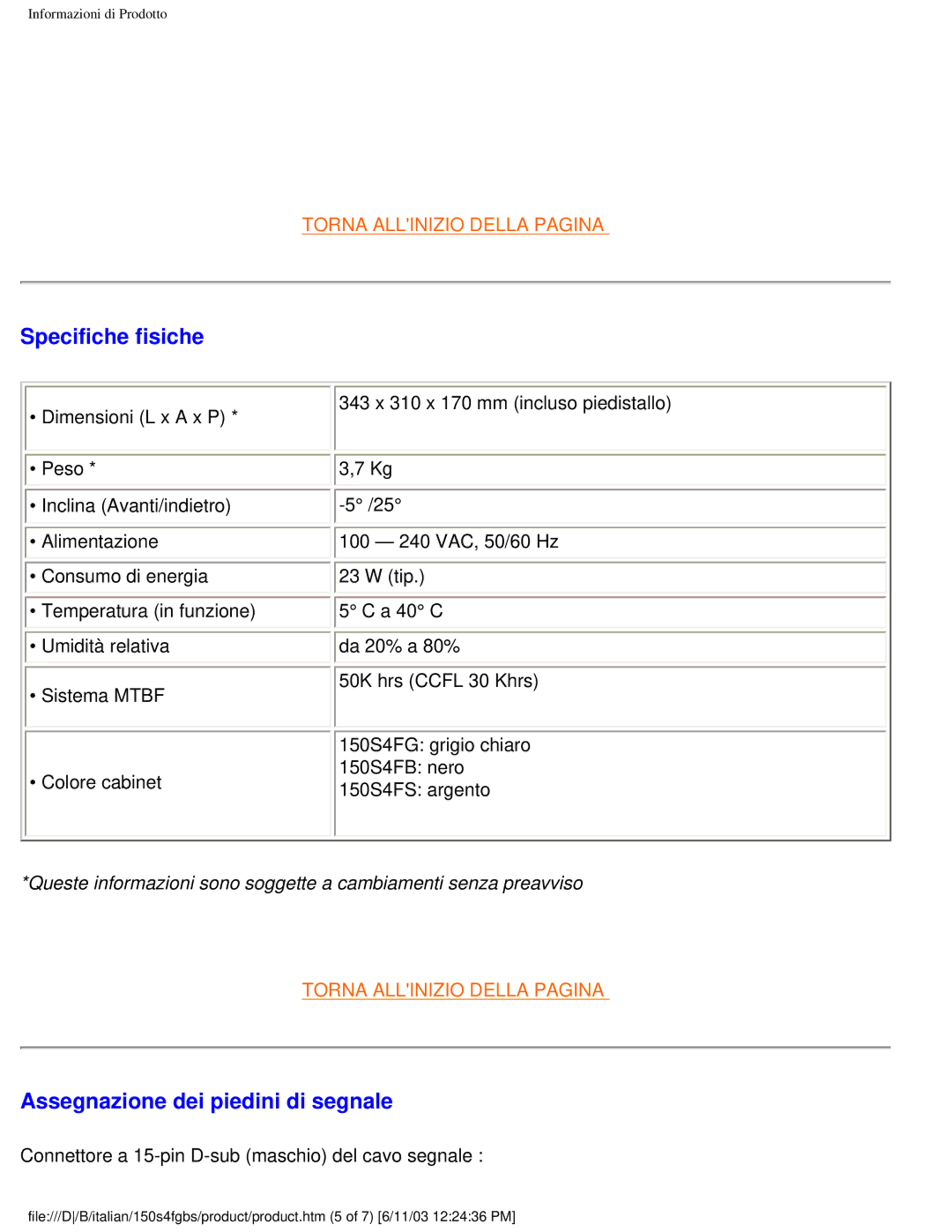 Philips 150S4FS user manual Specifiche fisiche, Assegnazione dei piedini di segnale 