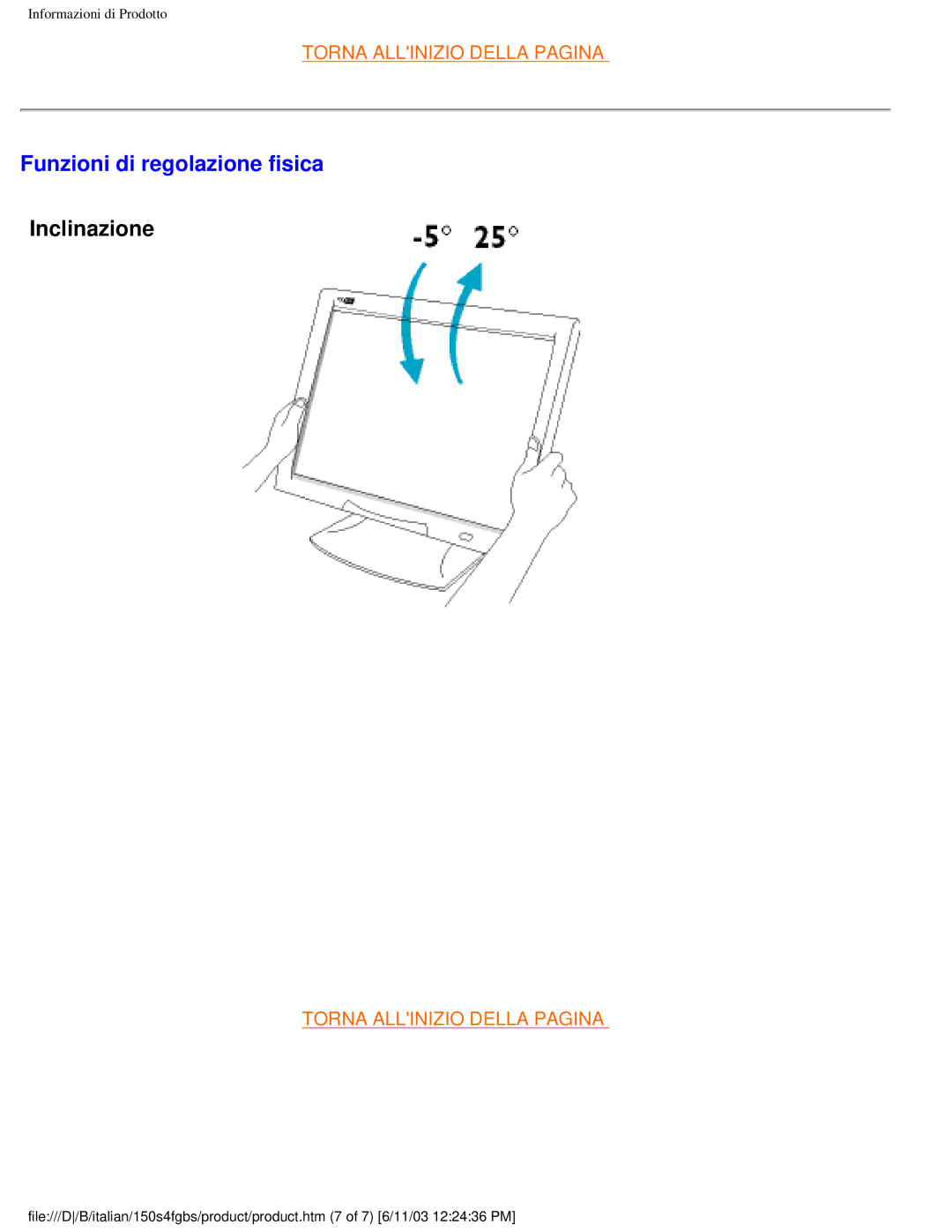 Philips 150S4FS user manual Funzioni di regolazione fisica, Inclinazione 