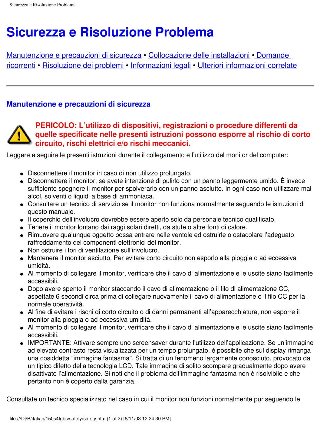 Philips 150S4FS user manual Sicurezza e Risoluzione Problema, Manutenzione e precauzioni di sicurezza 