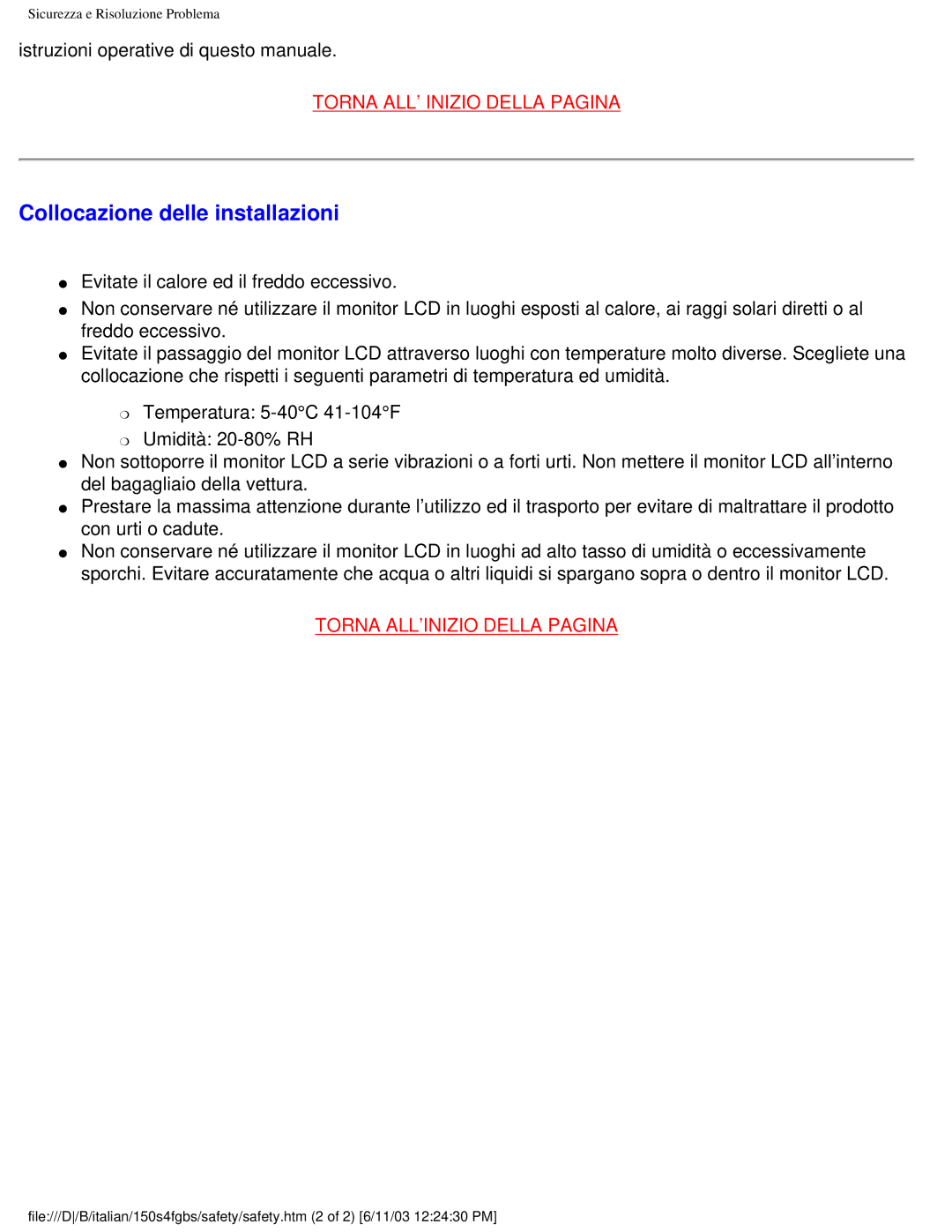 Philips 150S4FS user manual Collocazione delle installazioni, Torna ALL’INIZIO Della Pagina 