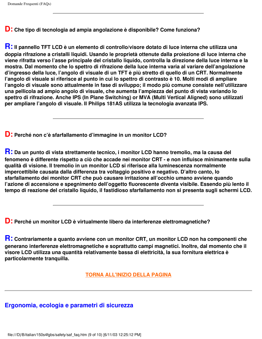 Philips 150S4FS user manual Ergonomia, ecologia e parametri di sicurezza 