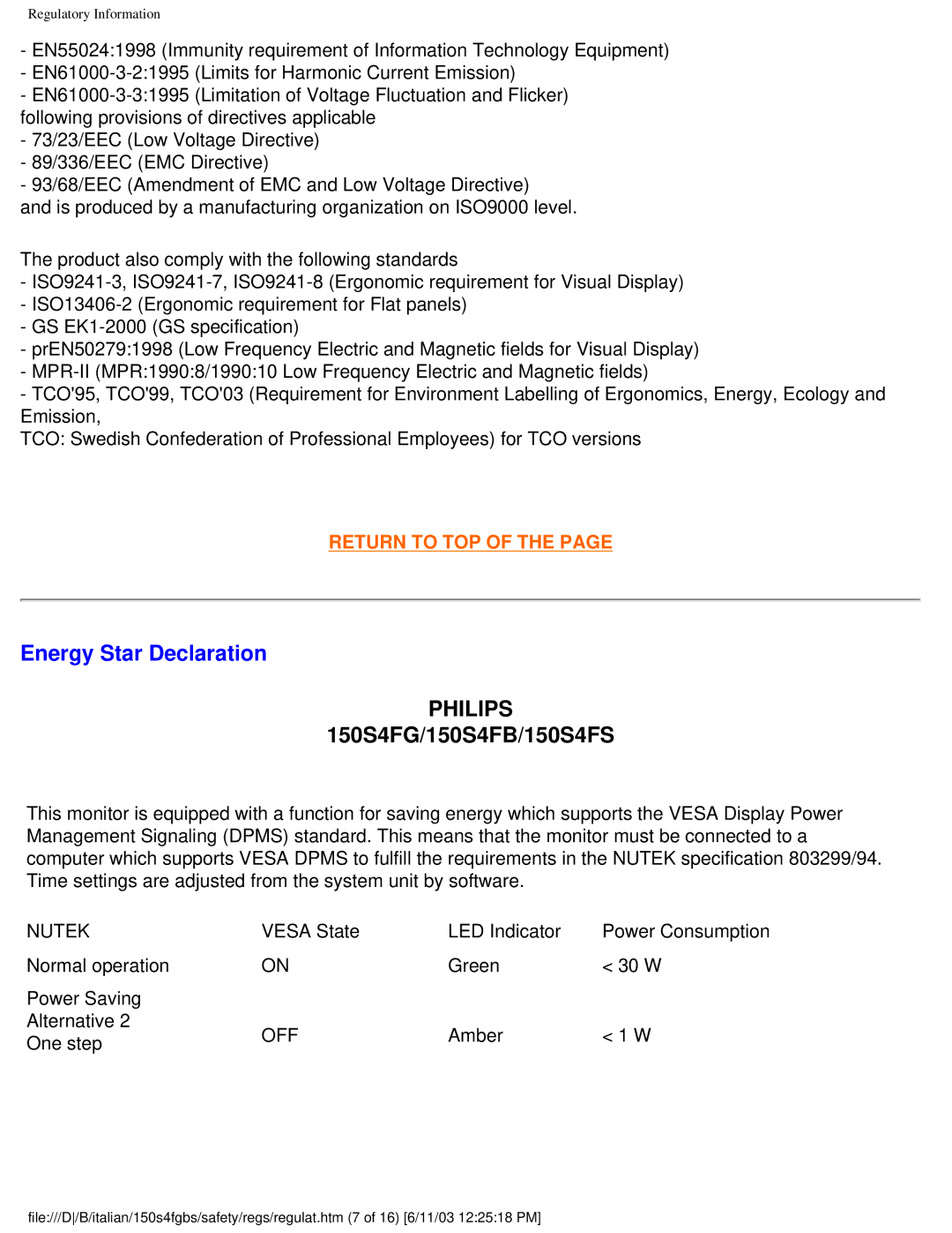 Philips 150S4FS user manual Energy Star Declaration, Philips 