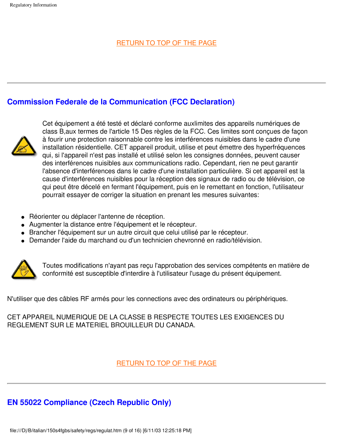 Philips 150S4FS Commission Federale de la Communication FCC Declaration, EN 55022 Compliance Czech Republic Only 