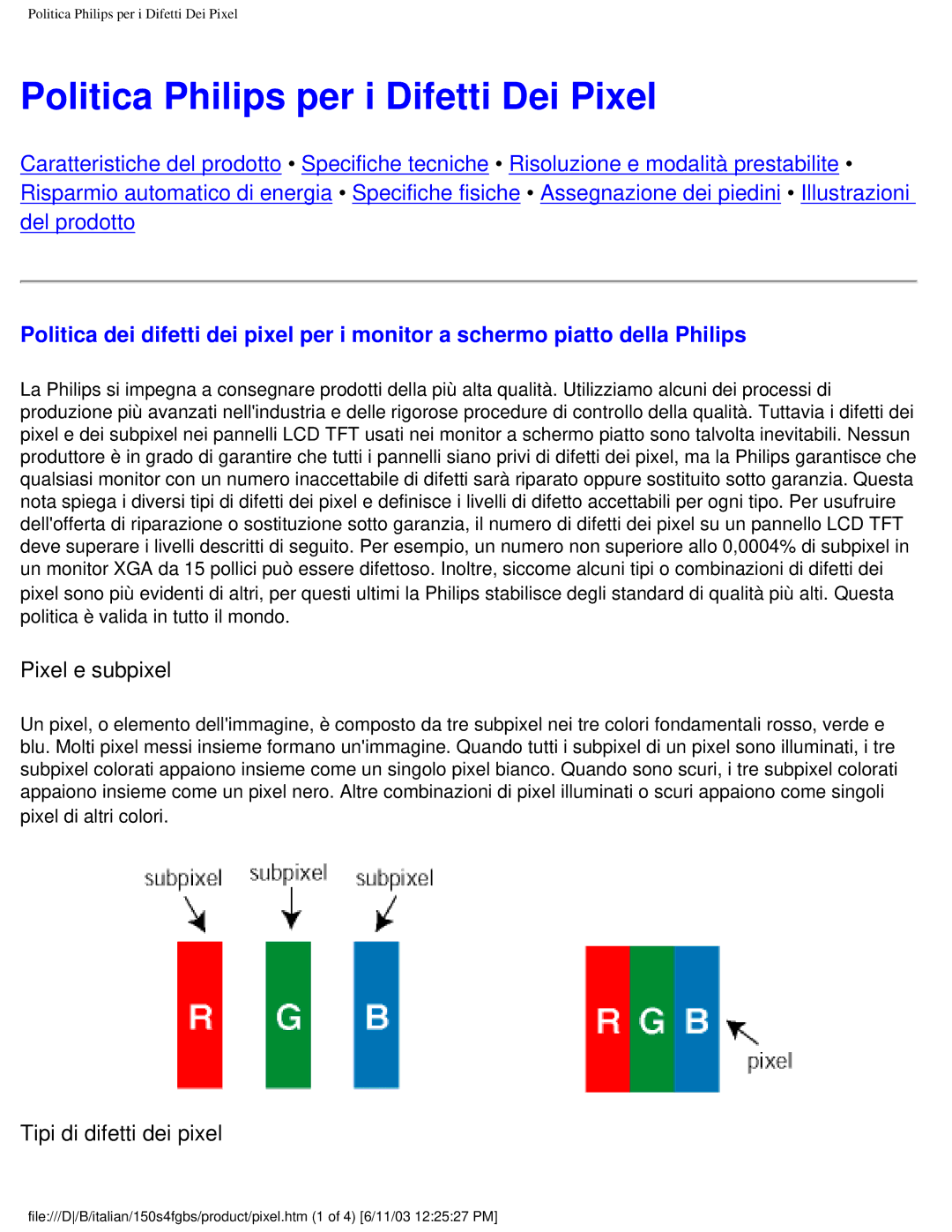 Philips 150S4FS user manual Politica Philips per i Difetti Dei Pixel, Pixel e subpixel 