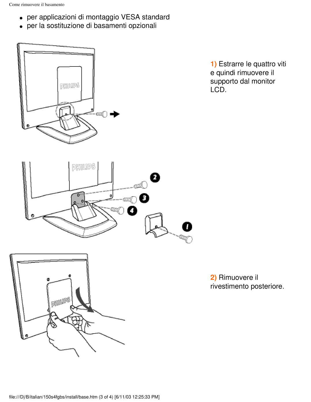 Philips 150S4FS user manual Come rimuovere il basamento 