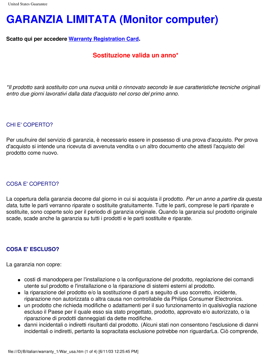 Philips 150S4FS user manual Garanzia Limitata Monitor computer, Sostituzione valida un anno 