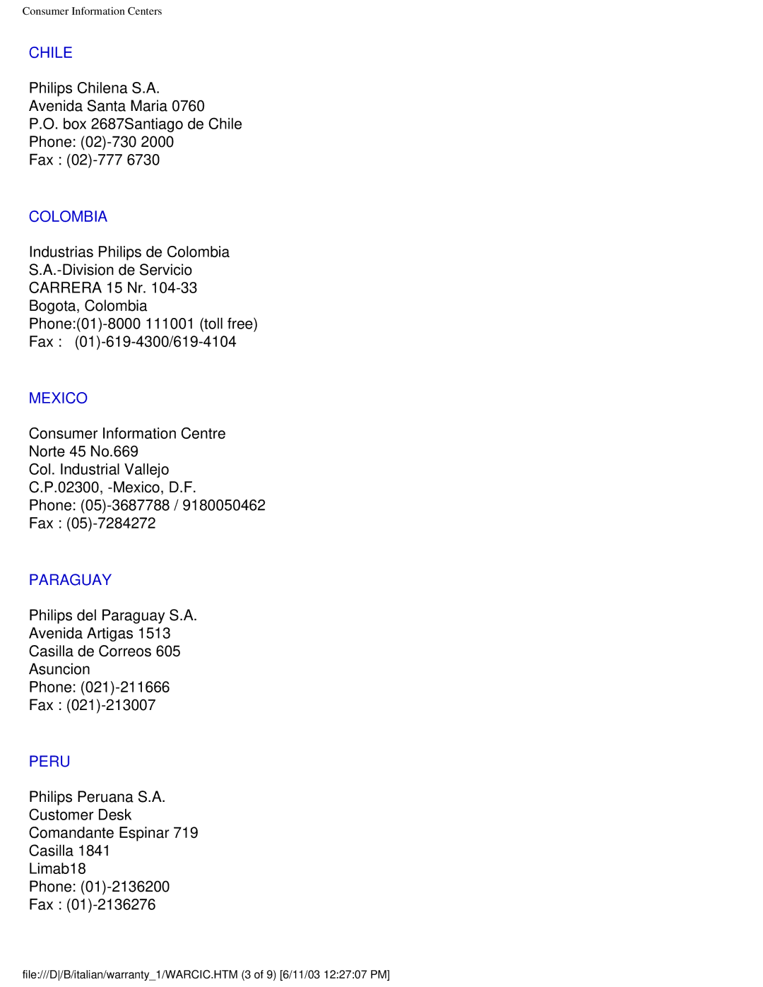 Philips 150S4FS user manual Chile, Colombia, Mexico, Paraguay, Peru 