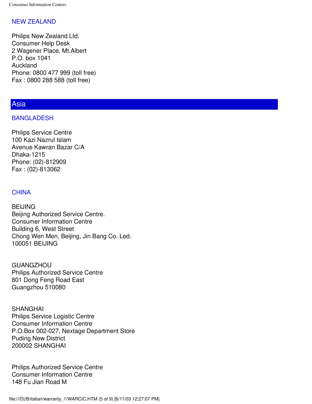 Philips 150S4FS user manual NEW Zealand, Bangladesh, China 