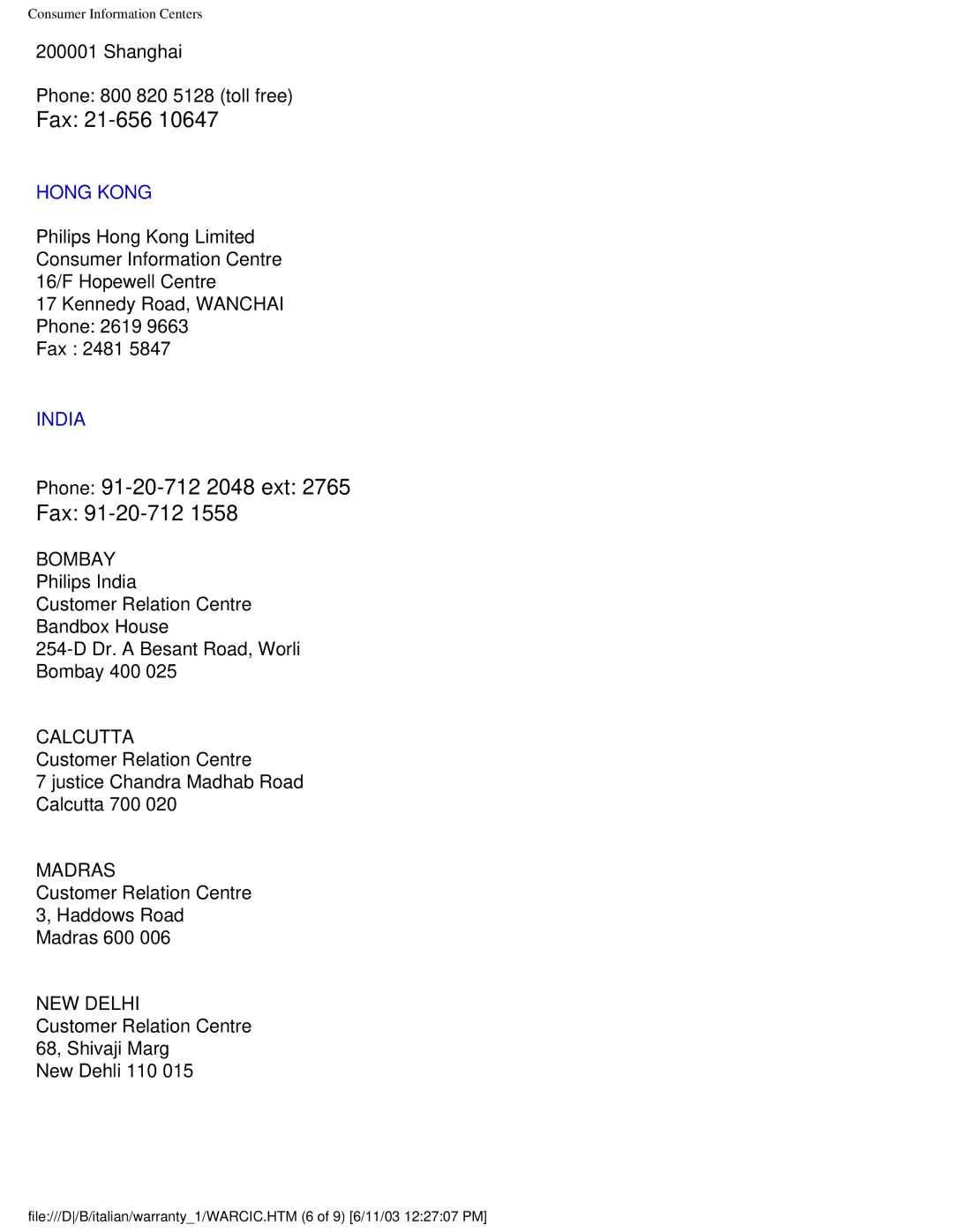 Philips 150S4FS user manual Hong Kong, India 