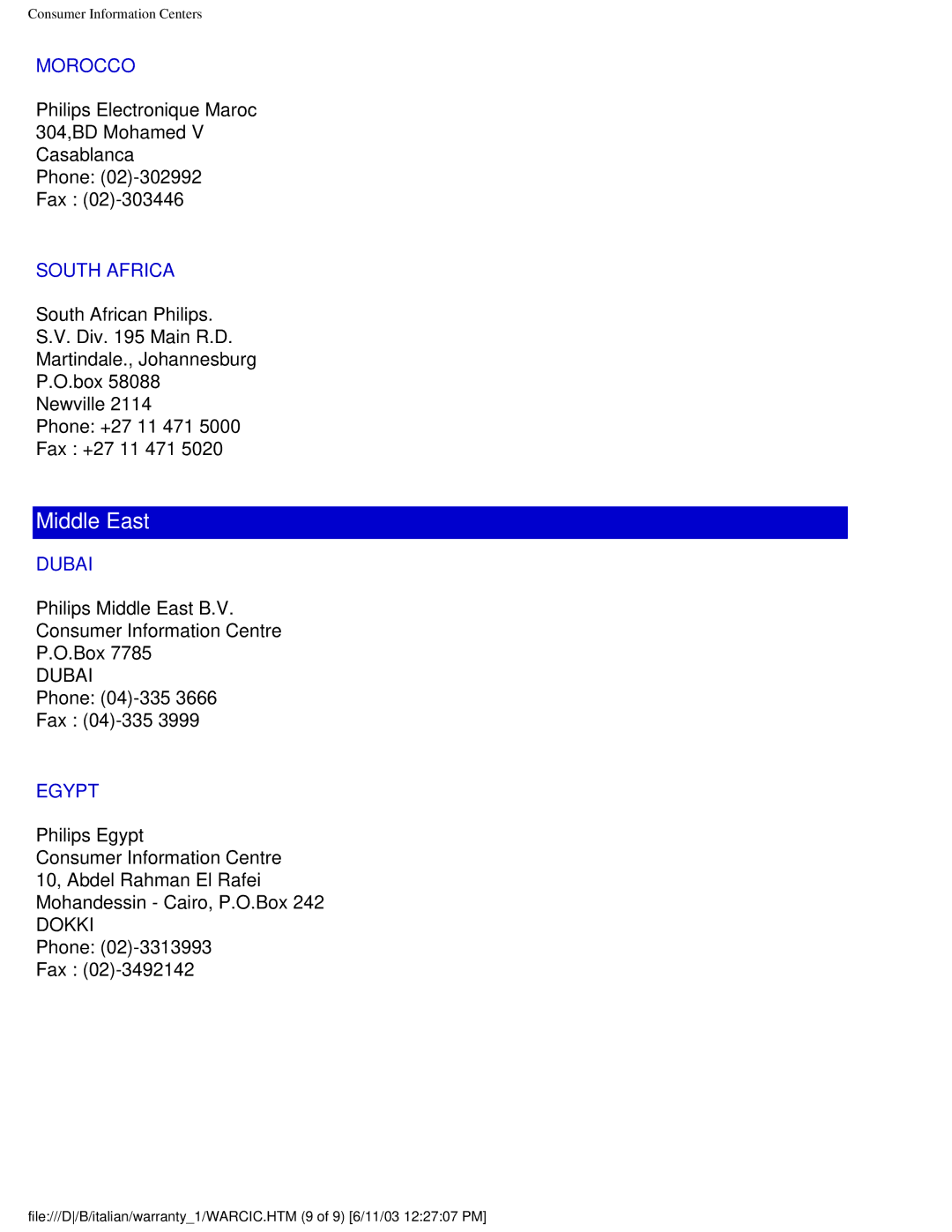 Philips 150S4FS user manual Morocco, South Africa, Dubai, Egypt 