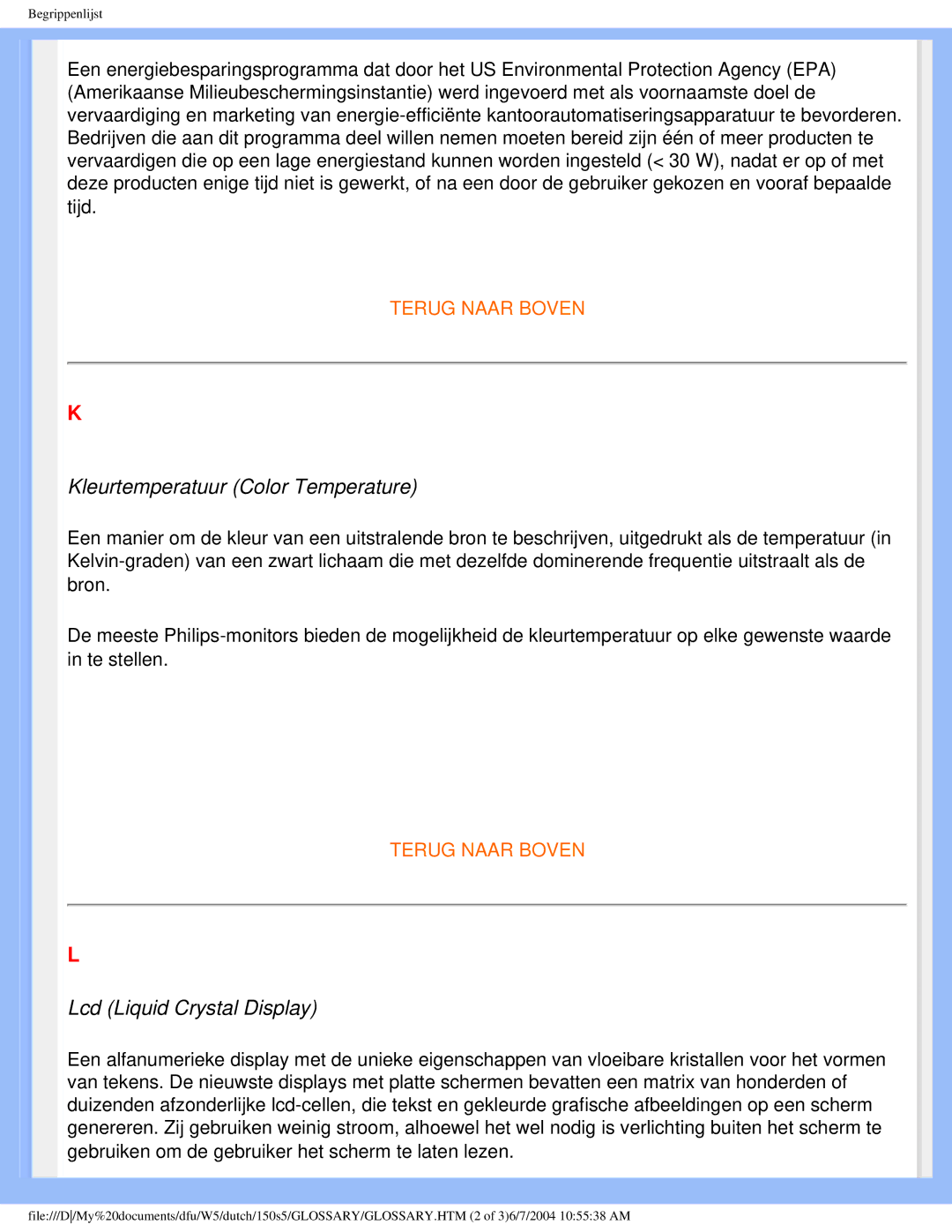 Philips 150S5 user manual Kleurtemperatuur Color Temperature 