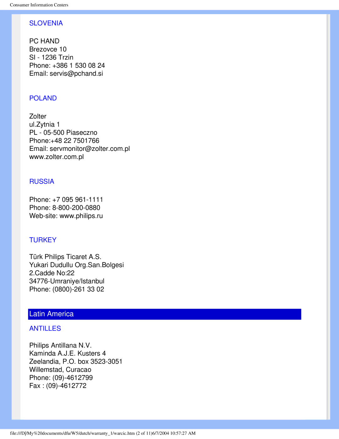 Philips 150S5 user manual Slovenia, Poland, Russia, Turkey, Antilles 