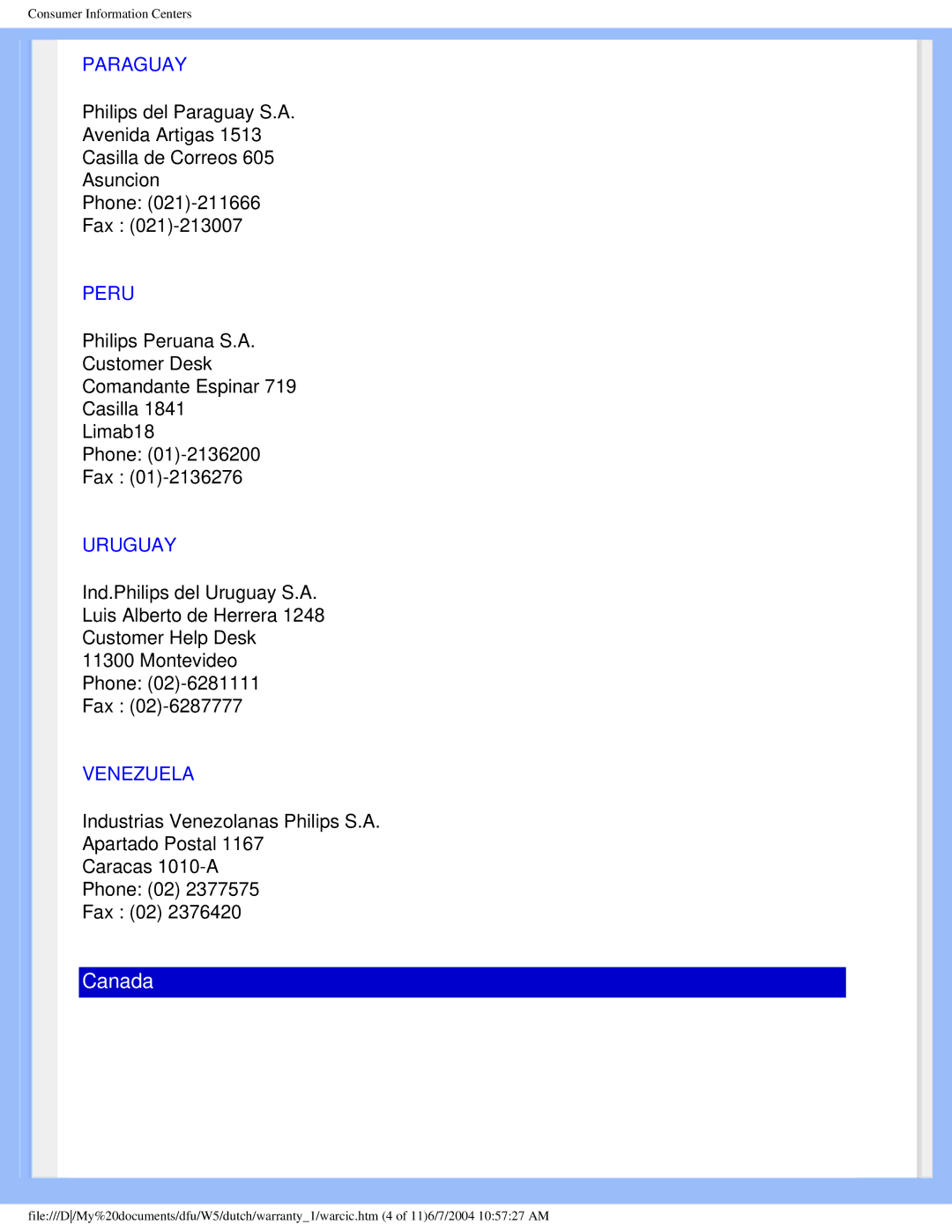 Philips 150S5 user manual Paraguay, Peru, Uruguay, Venezuela 