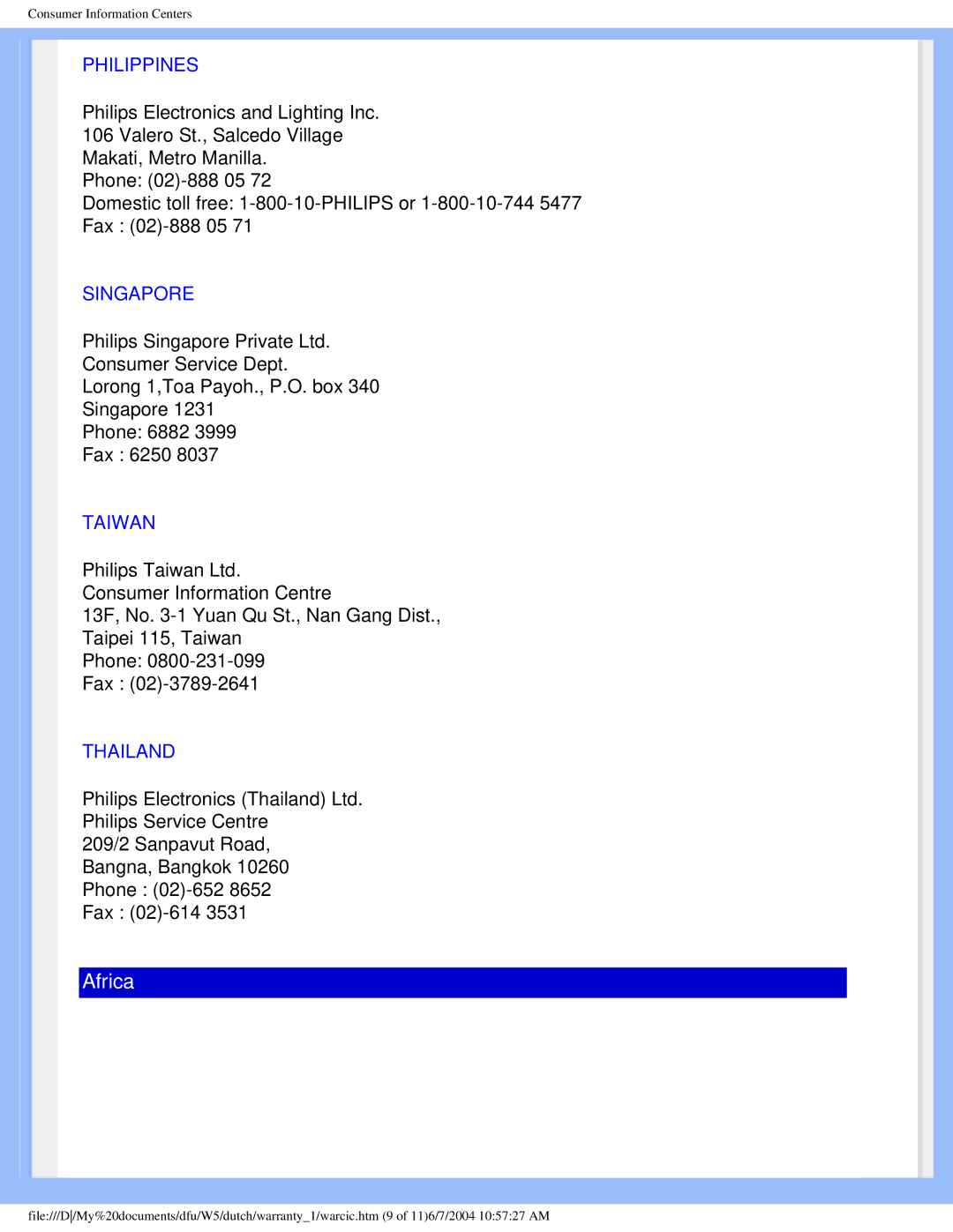 Philips 150S5 user manual Philippines, Singapore, Taiwan, Thailand 