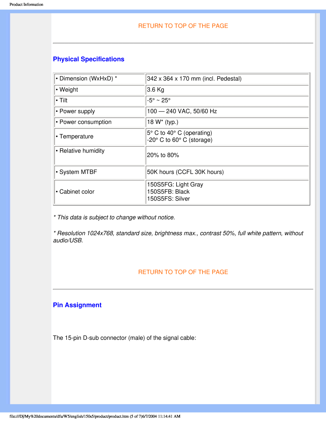 Philips 150S5FS user manual Physical Specifications, Pin Assignment, Return To Top Of The Page 