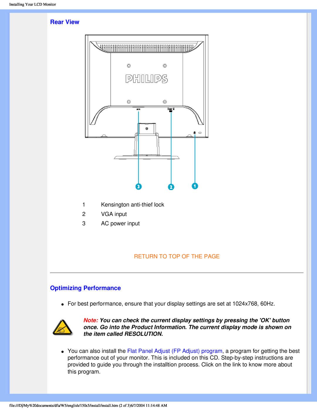 Philips 150S5FS user manual Rear View, Optimizing Performance, Return To Top Of The Page 