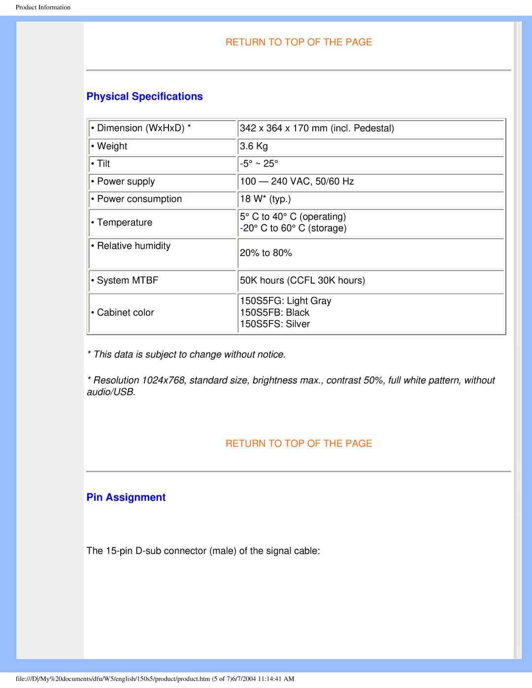 Philips 150S5FS user manual Physical Specifications, Pin Assignment 