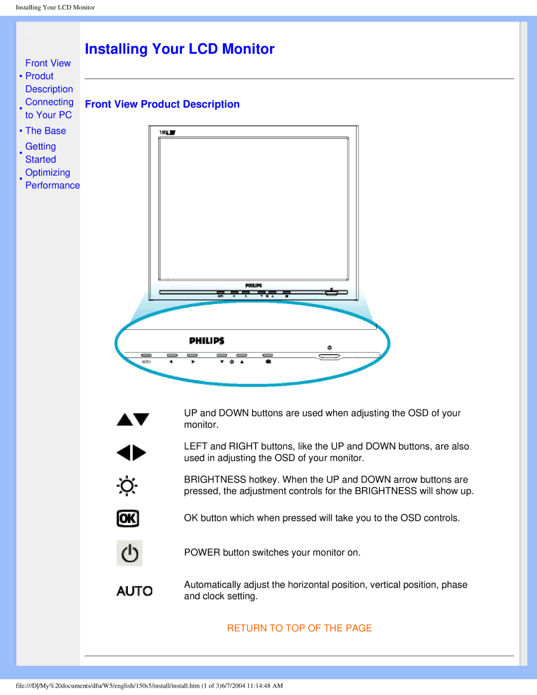 Philips 150S5FS user manual Installing Your LCD Monitor, Front View Product Description 