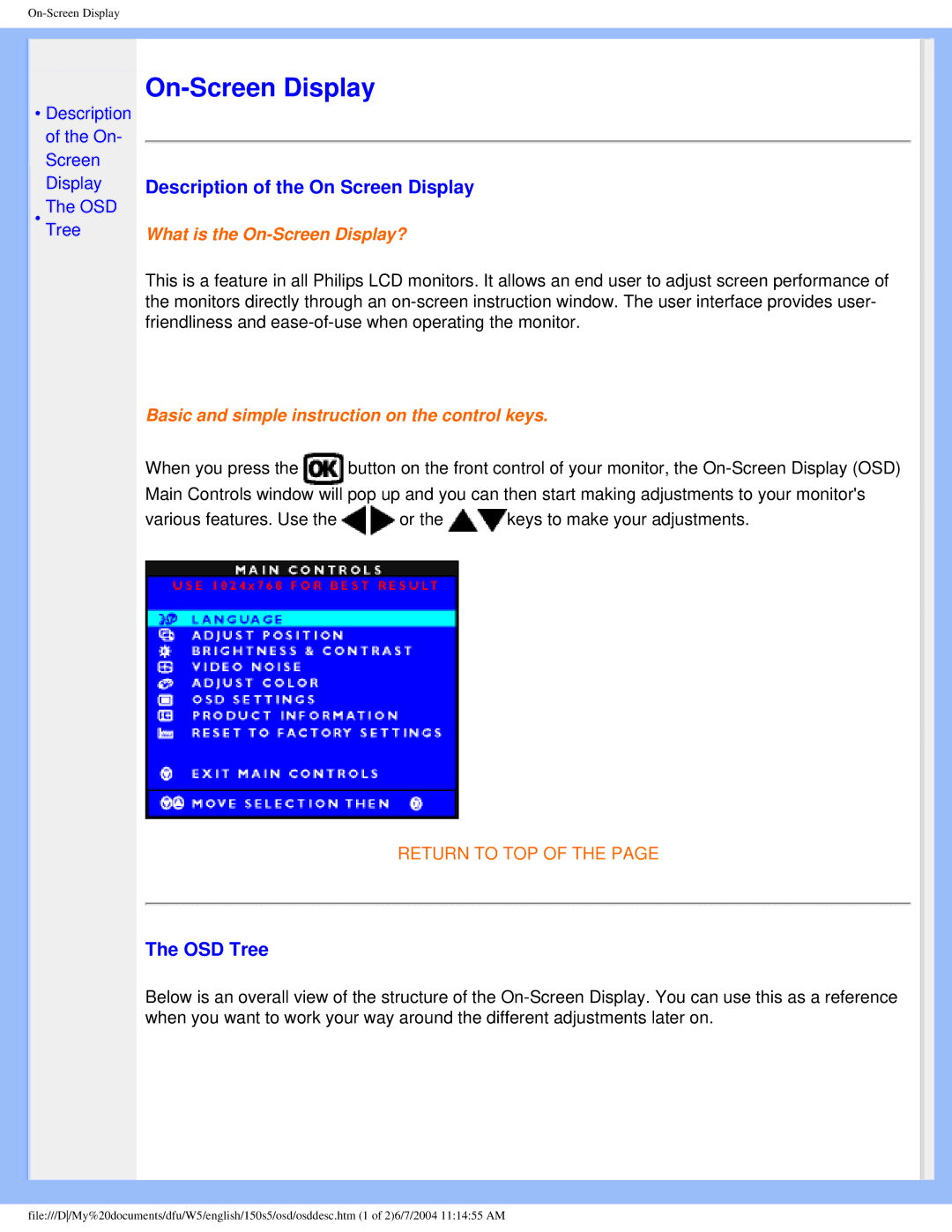 Philips 150S5FS user manual Description of the On Screen Display, OSD Tree 