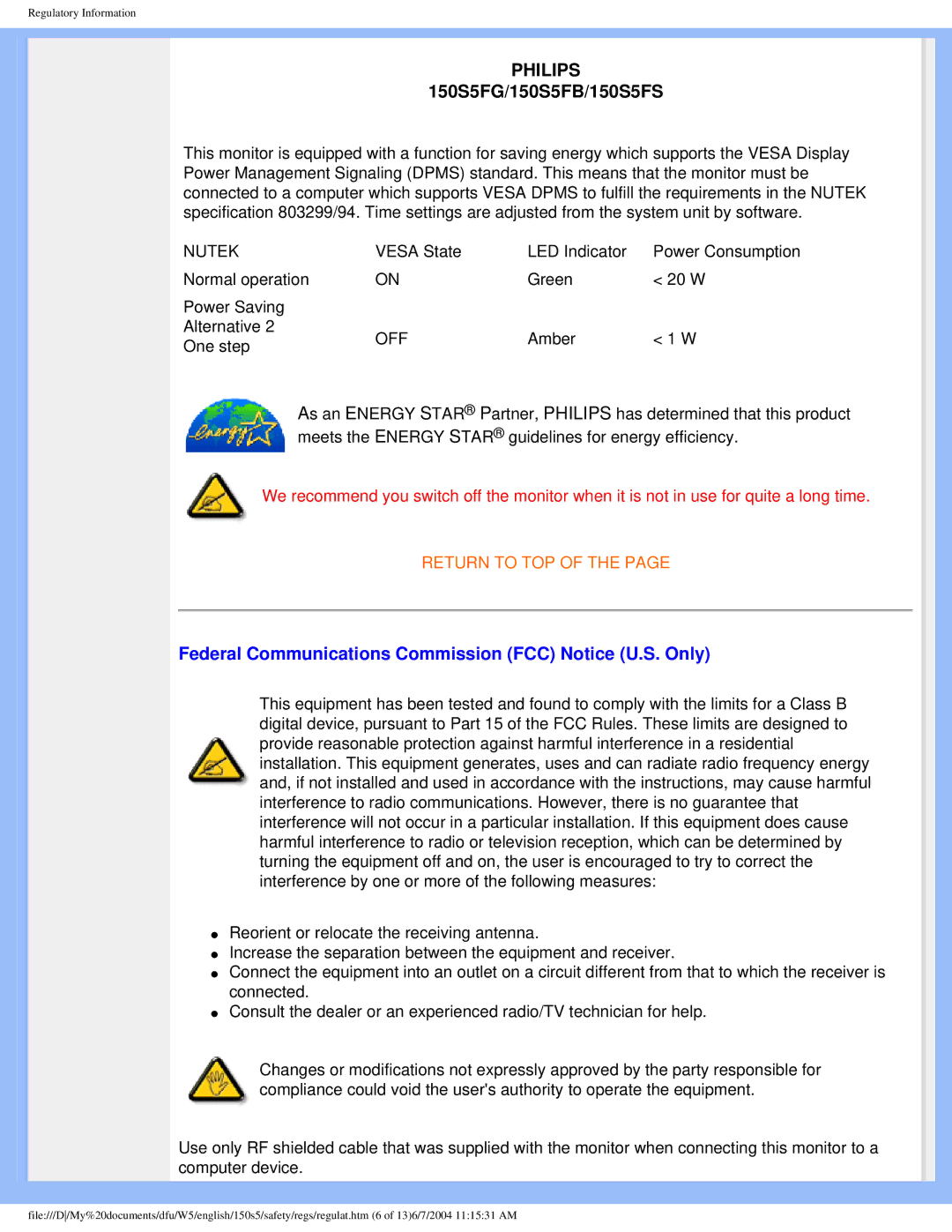 Philips 150S5FS user manual Philips, Federal Communications Commission FCC Notice U.S. Only 