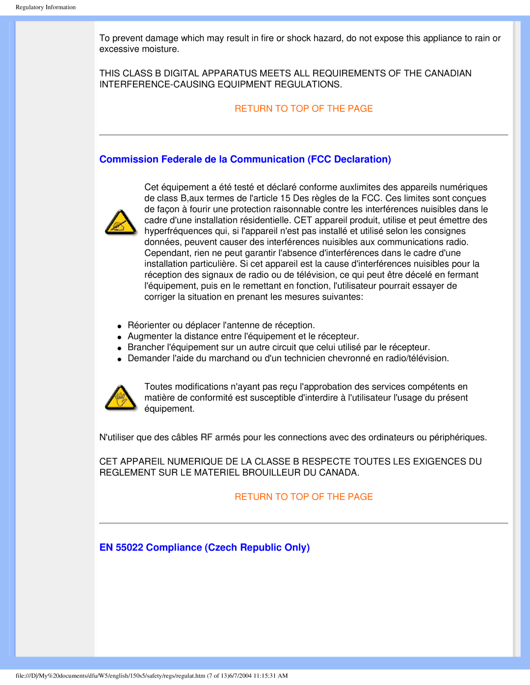 Philips 150S5FS Commission Federale de la Communication FCC Declaration, EN 55022 Compliance Czech Republic Only 