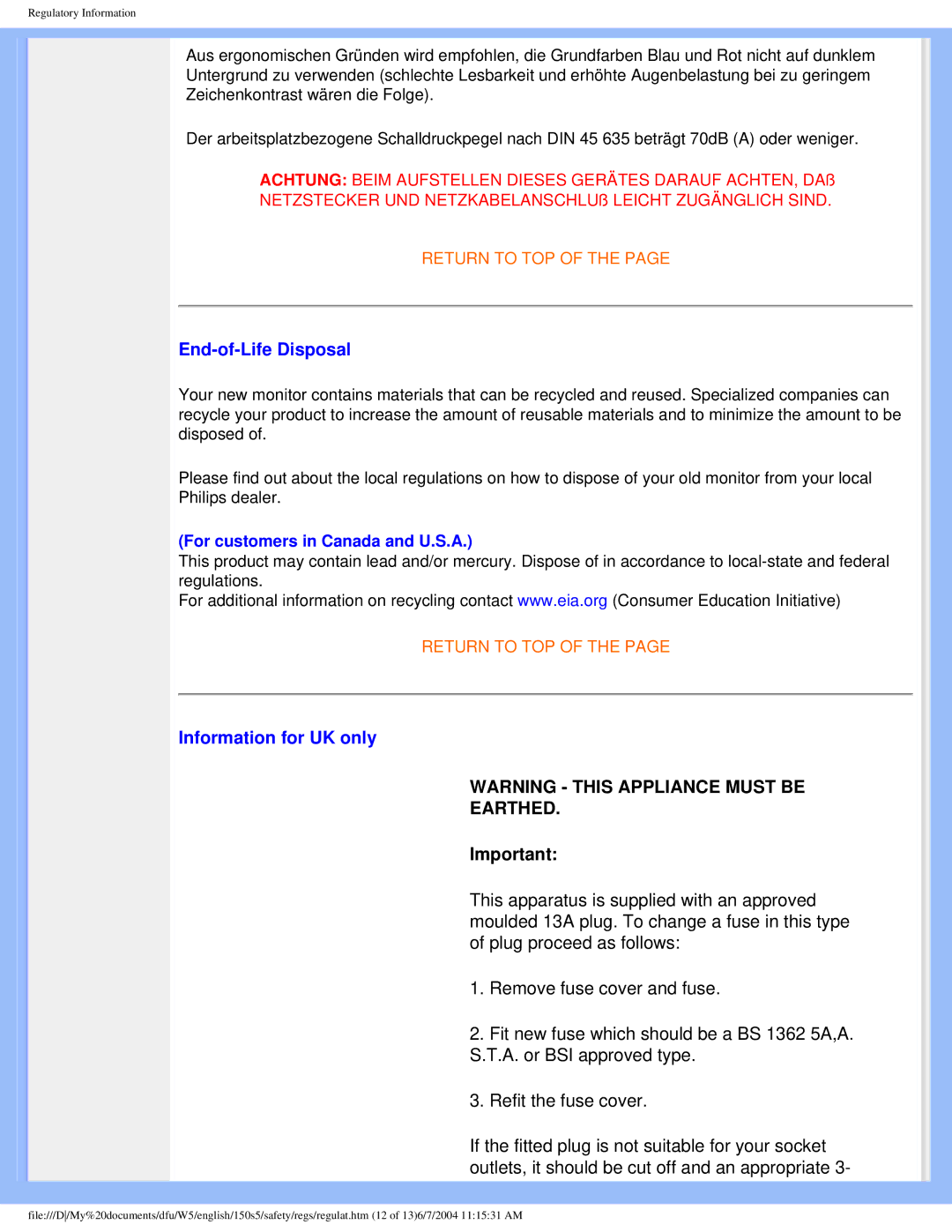 Philips 150S5FS user manual End-of-Life Disposal, Information for UK only 