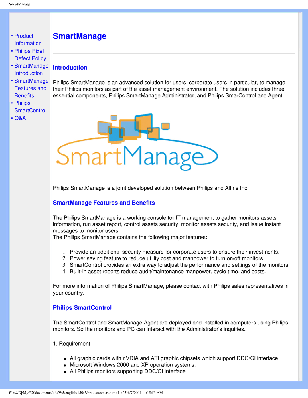 Philips 150S5FS user manual Introduction, SmartManage Features and Benefits, Philips SmartControl 