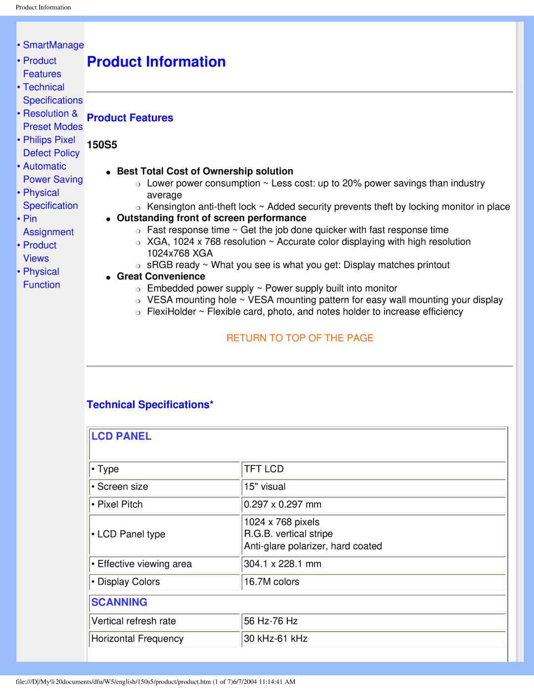 Philips 150S5FS user manual Product Features, Technical Specifications 