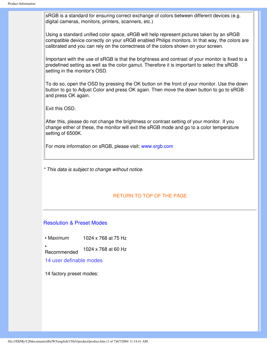 Philips 150S5FS user manual Resolution & Preset Modes, User definable modes 